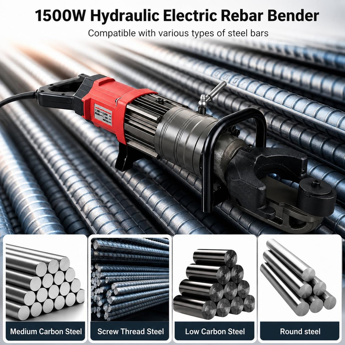 GERMCENS Electric Rebar Bender 1500W Hydraulic Rebar Bending Machine #16-25 mm Rebar to 90° within 3-4s, Enabling easy bending of rebar steel bar,Comes with a storage box.
