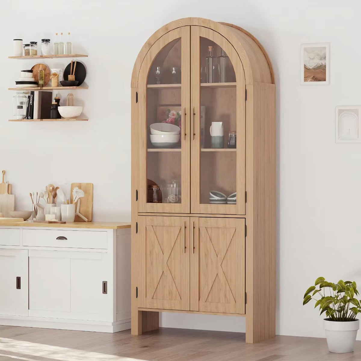 Patikuin 60'' Arched Kitchen Pantry, 4-Tier Arch Cabinet with Doors, Modern Wood Kitchens Storage Cabinets with Adjustable Shelves, Wooden Storage Cabinet for Living Room & Dining Room