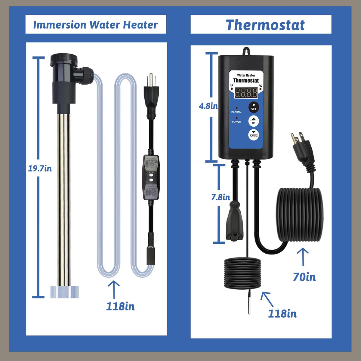 XCLBTFDC 3500W 240V Immersion Water Heater Portable Electric Inflatable Pool & Hot Tub Submersible Water Heater with Temp Control, GFCI for Baptistry, baptismal Pool, Swimming Pool, Above Ground Pool