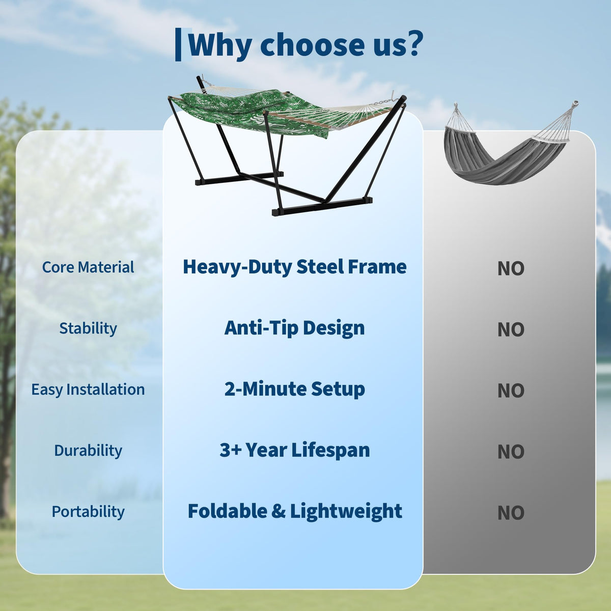 2 Person Double Hammock with Adjustable Steel Stand & Pillow, Heavy Duty Portable Outdoor Hammock Set, MAX 450 LBS Weight Capacity for Patio, Garden, Beach, Backyard