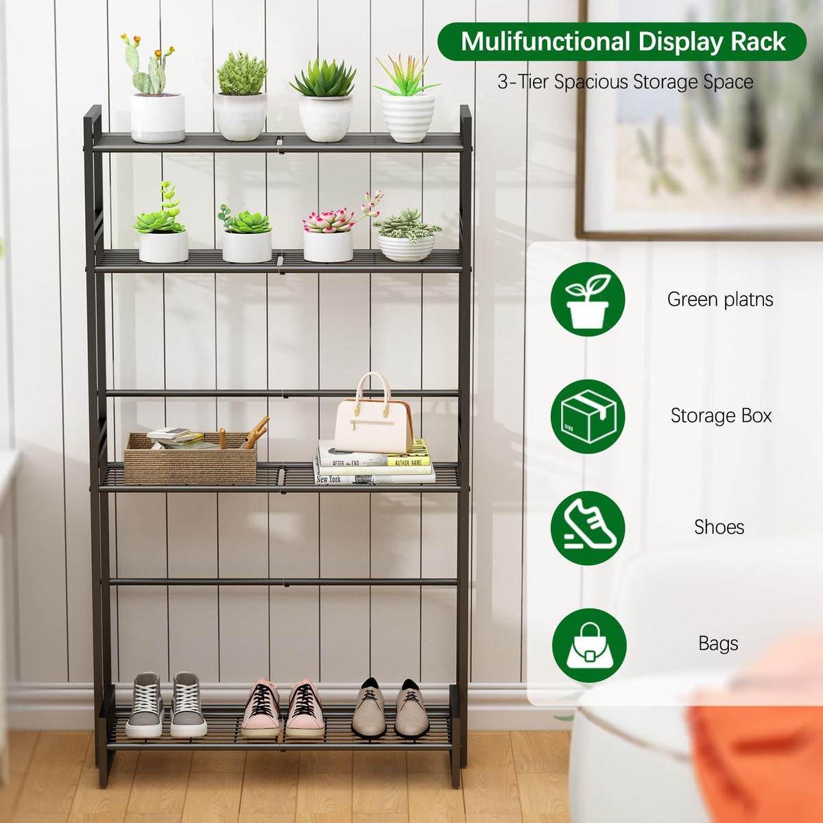 Garden 4 you 4 Tier Stair Style Large Metal Plant Stand Stackable, Garden Display Shelf Flower Pot Holder Storage Organizer Rack for Indoor Home Outdoor Patio Balcony Yard( Black,Rectangle)