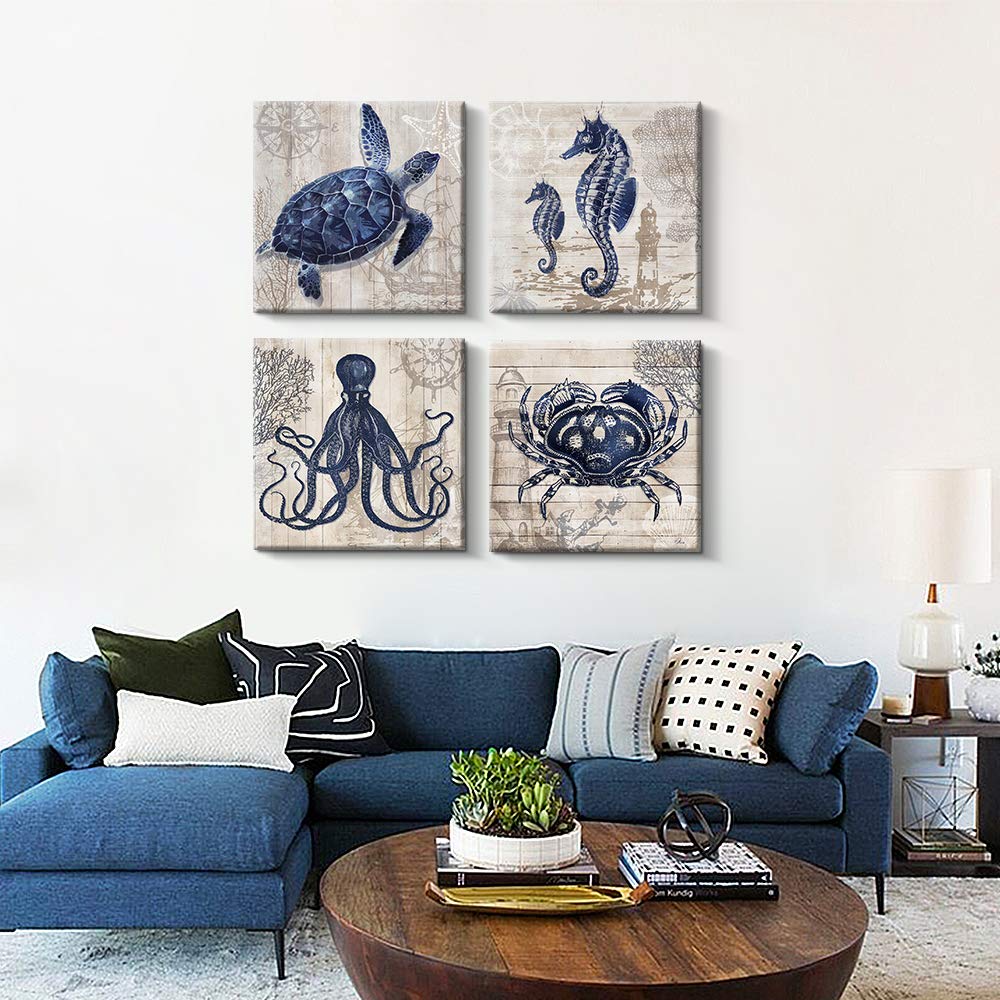 Bathroom Decor 4 panel Canvas Wall Art - Ocean Theme Canvas Prints Sea Animal Octopus Crab SeaTurtle Seahorse Decor Pictures Livingroom Posters - 12 x 12" x 4 pcs (12" x 12" x 4pcs)