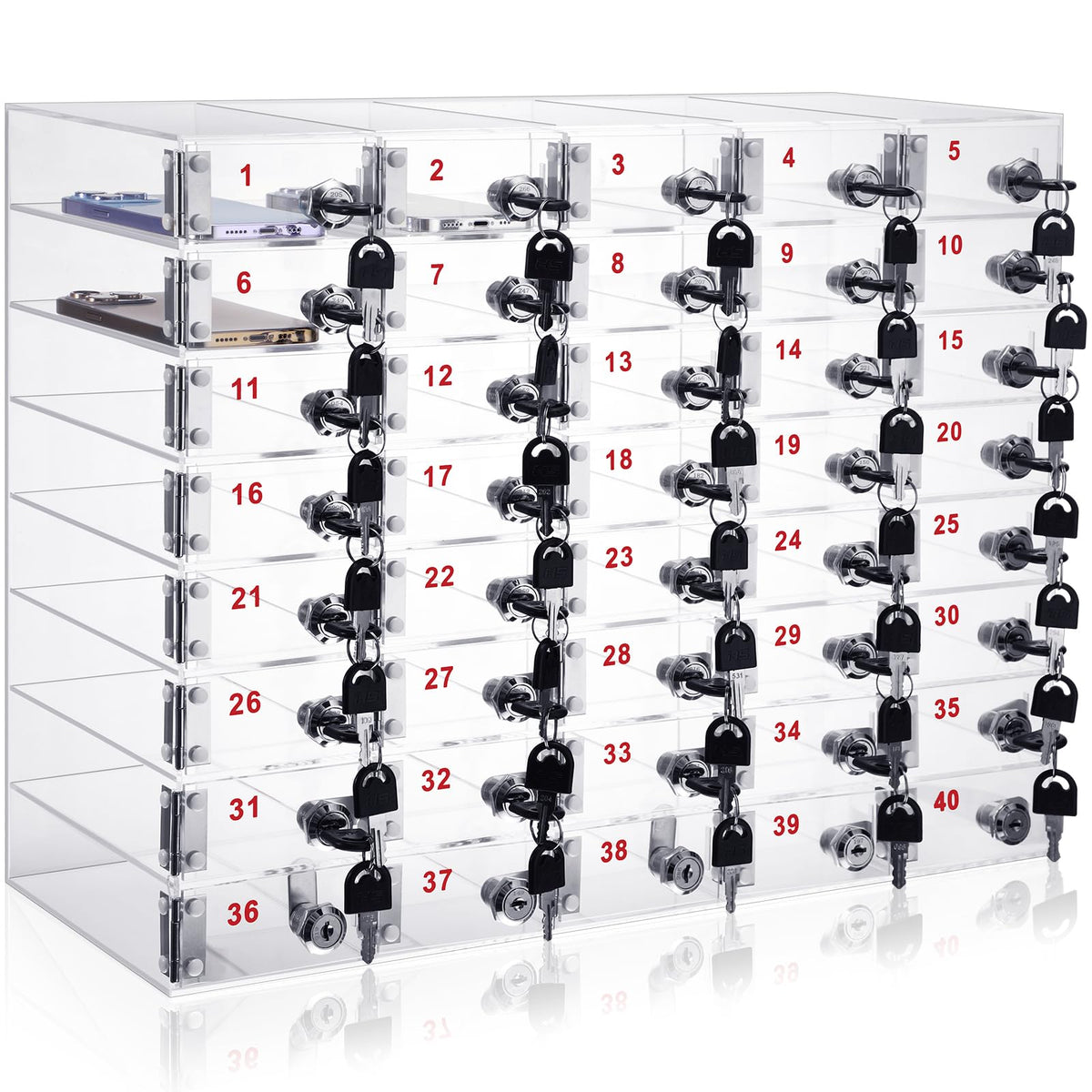 Layhit Clear 40 Slots Cell Phone Locker Box for Classroom Clear Acrylic Cell Phone Storage Cabinet Bin with Door Locks for Classroom School Students Office Factory Employees
