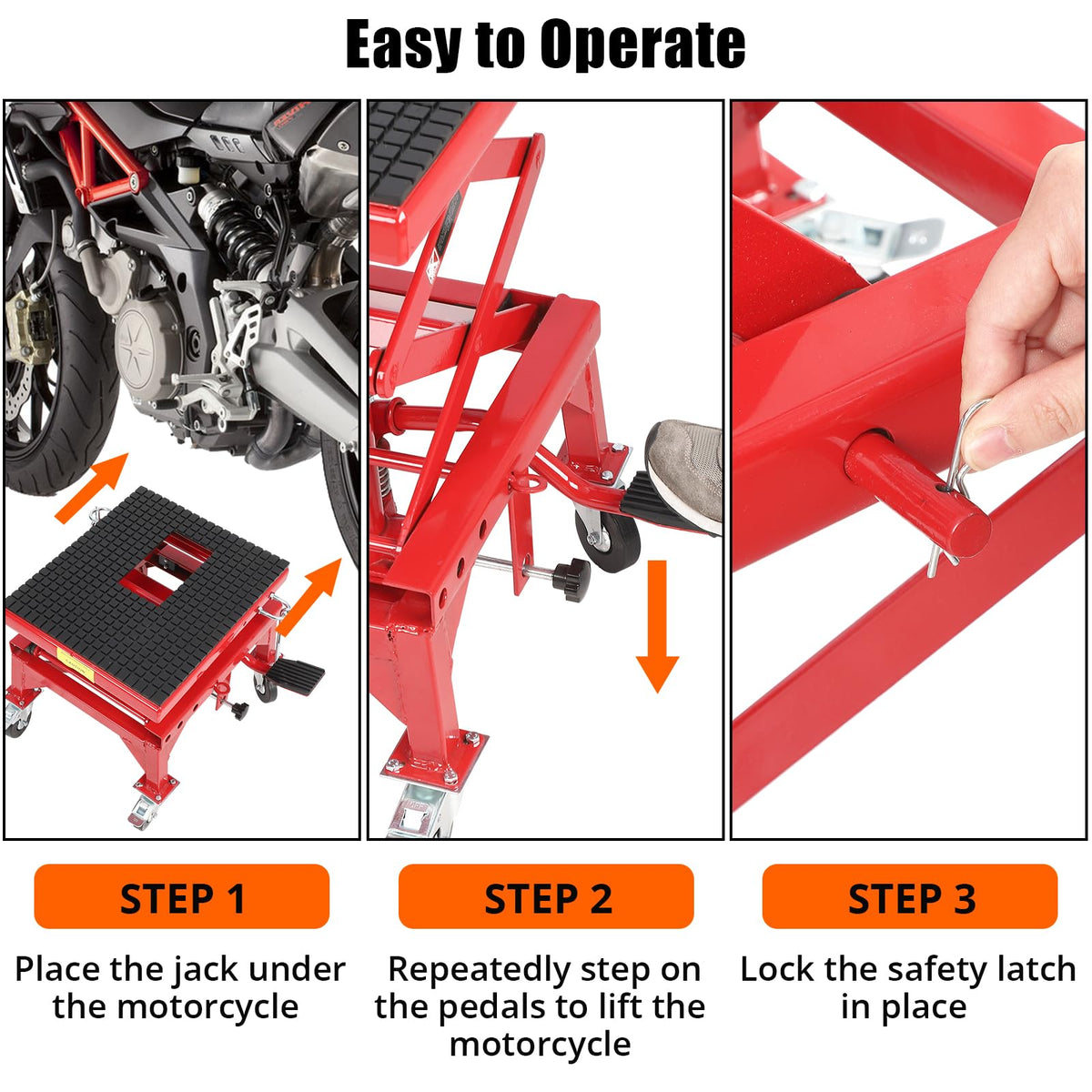 Hydraulic Motorcycle Lift Table, 350 LB Capacity Foot Operated Motorcycle Scissor Jack with 4 Wheels & Wide Deck & J-Hooks, 13.3-33.4 in Lifting Height, Ideal for ATV Dirt Bikes, Red