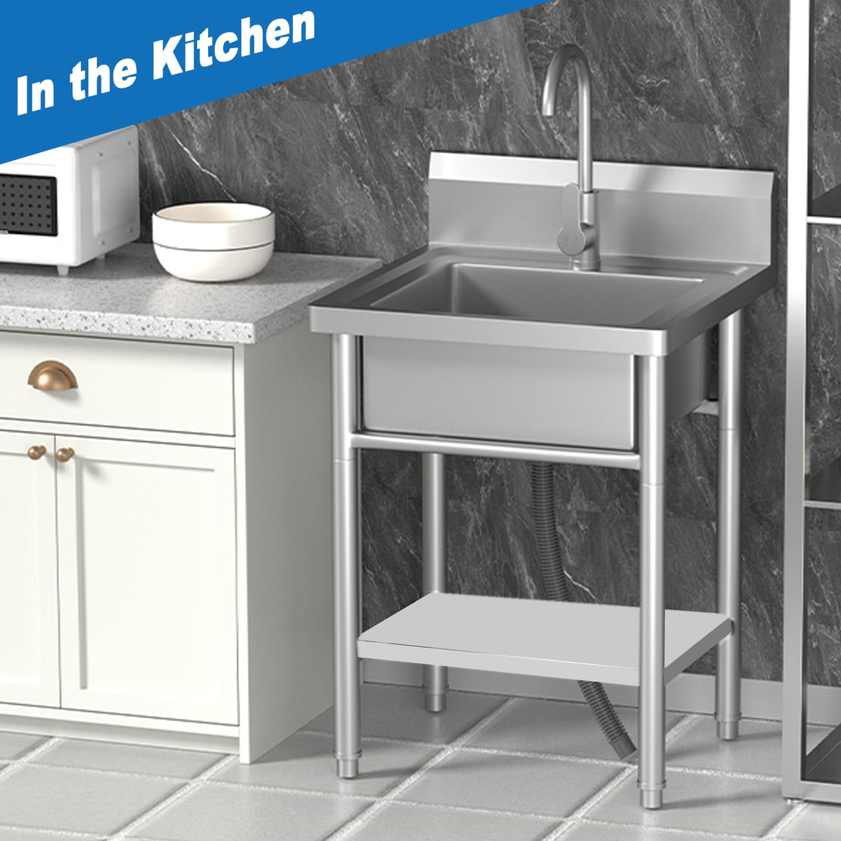 20''Stainless Steel Utility Sink with Hot/Cold Water Plumbing & Shelf for Kitchen, Bathroom, Laundry