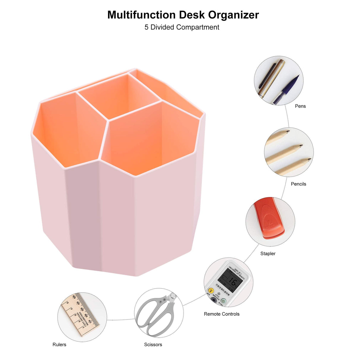 Siveit Desk Pencil Pen Holder, Rotating Pen Organizers 360-Degree 5 Grid Pen Holder for Desktop Storage Stationery Supplies Organizer, Home, Office, School, Kids, Peach Pink