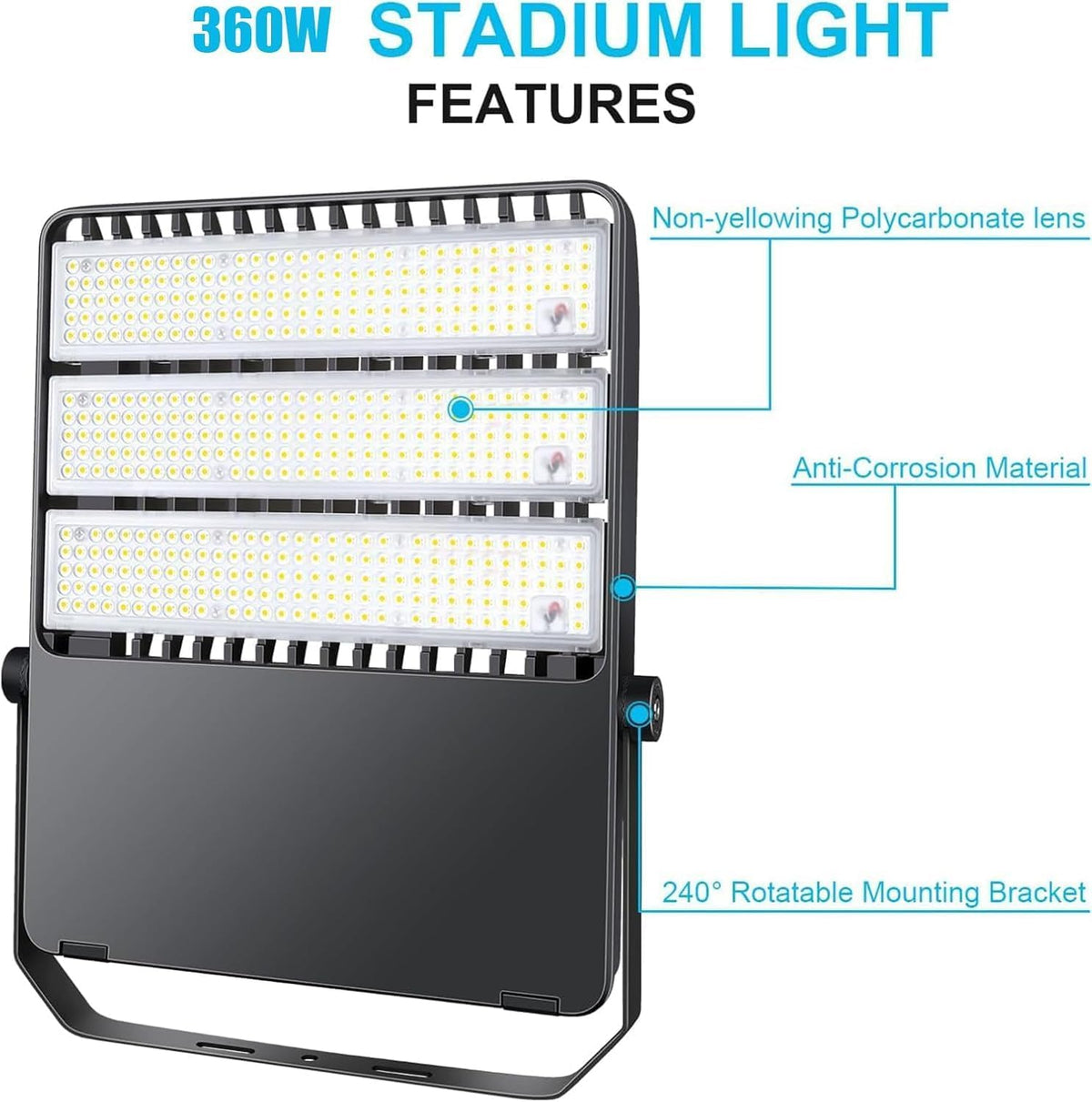 ledmo LED Flood Light Outdoor, 360W 50400LM Stadium Lighting, IP65 Waterproof, 5000K Daylight Commercial Lighting, for Large Yards, Parking Lots, Sports Fields, Arena (Easy Hardwired, Switch Control)