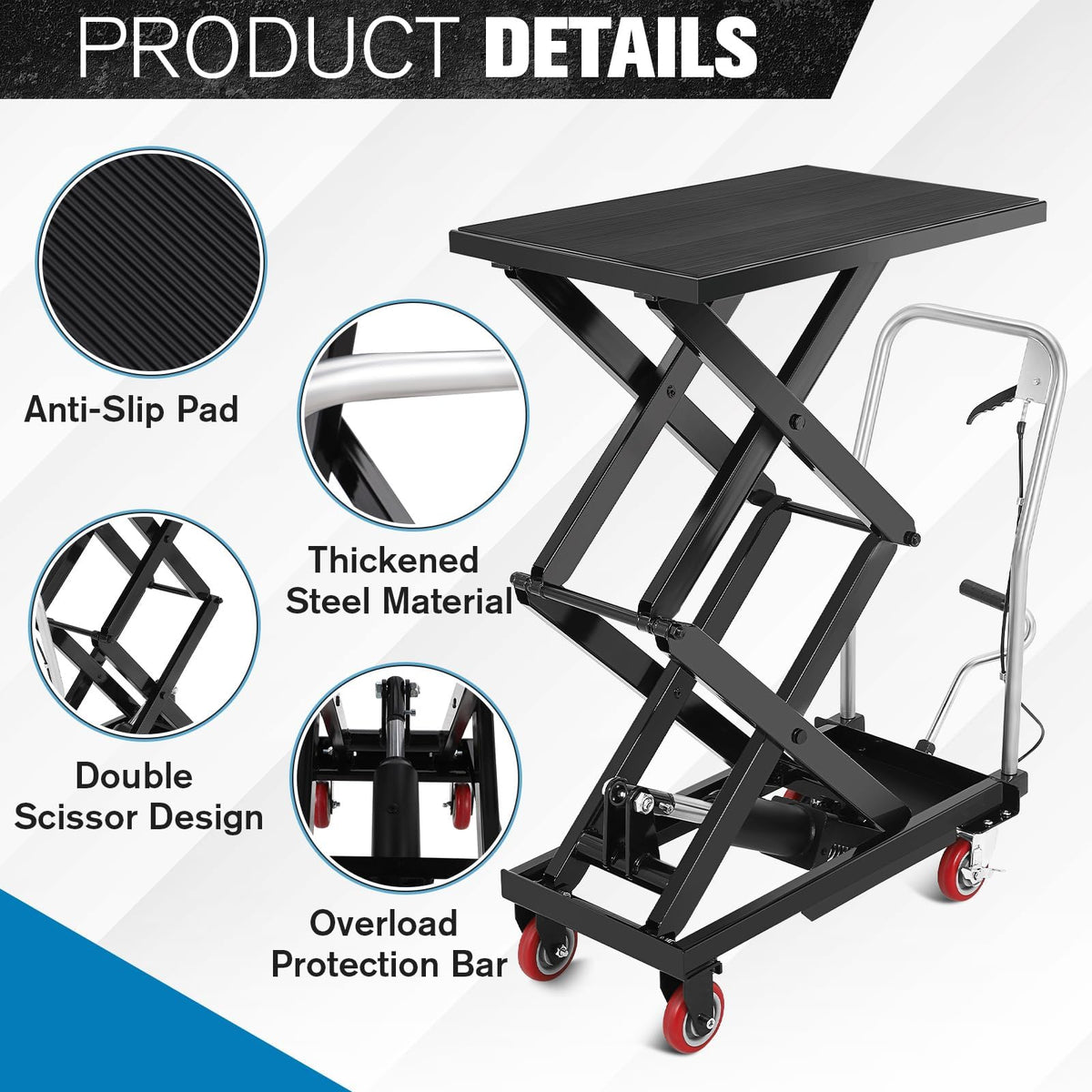 Hydraulic Lift Table Cart, 330lbs Capacity 50" Lifting Height Hydraulic Table Cart, Double Scissor Lift with Non-Slip Pad for Material Handling and Transportation, Black