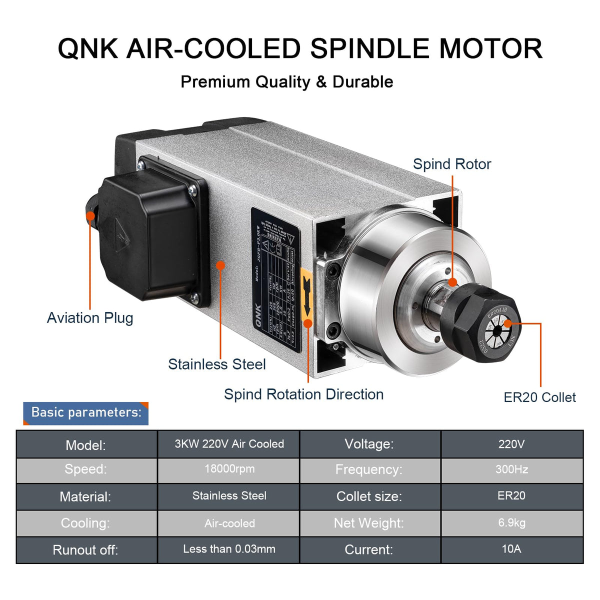 QNK CNC Spindle Motor, 3KW Air Cooled Spindle Motor 220V ER20 18000RPM, High Speed 10A 300Hz Air Cooled Round for CNC Router Engraver Milling Machine