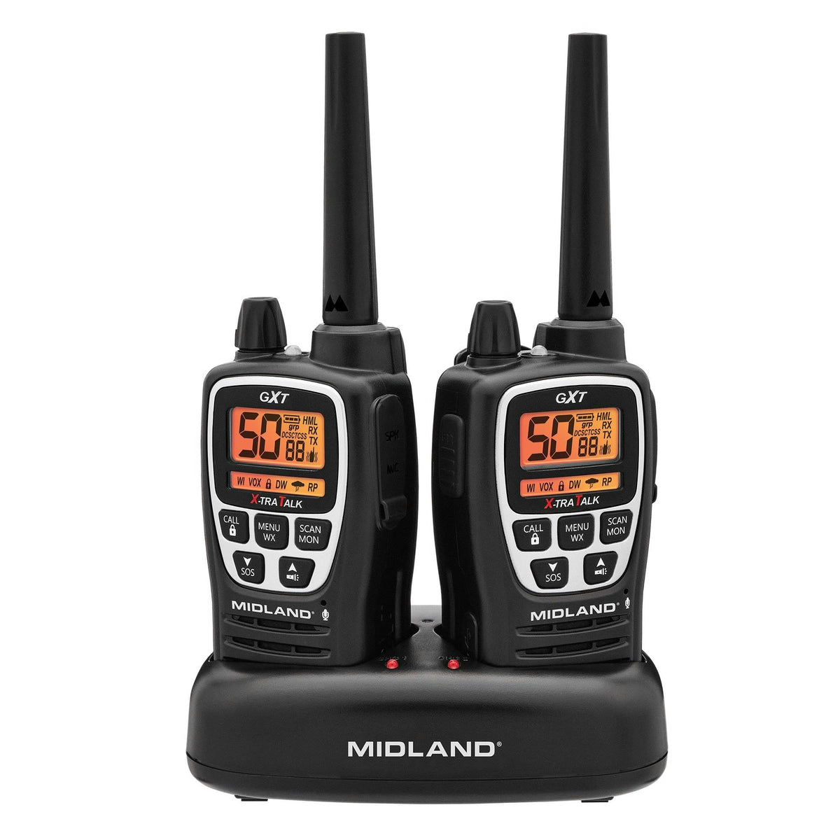 Midland GXT3000 GMRS Two-Way Radio (50-Channel, Repeater Capable, Long Range, 142 Privacy Codes, SOS, NOAA, Rechargeable Lithium Ion Battery, Black/Silver, 2-Pack)