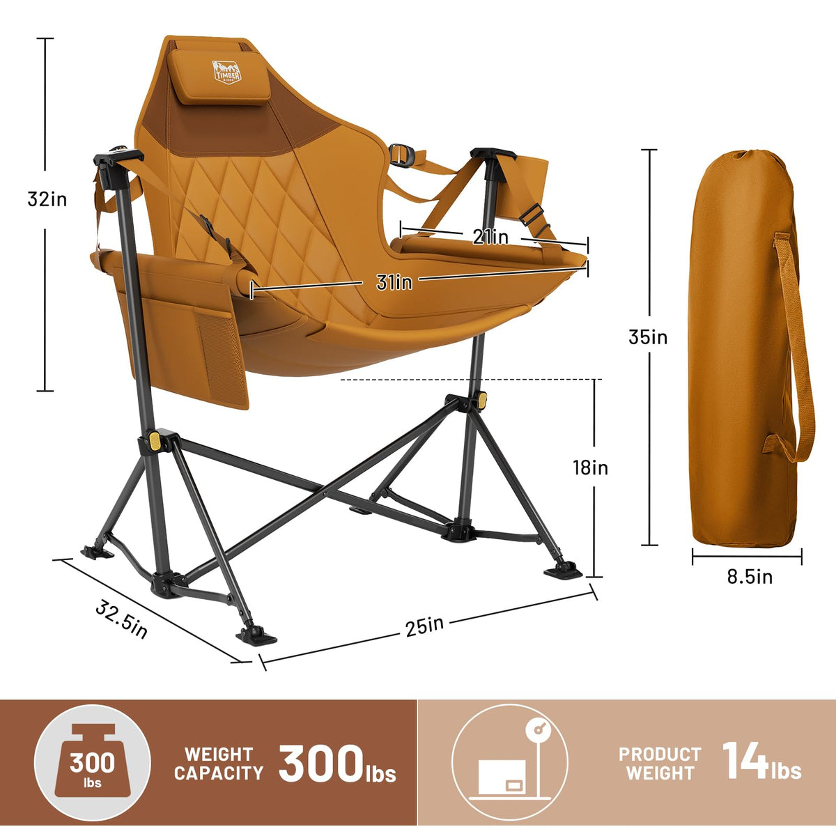Timber Ridge Hammock Camping Chair with Adjustable Backrest, Heavy Duty Folding Hammock Chair Supports 300lbs, Portable Hammock Chair for Camping, Travelling and Patio, Orange 2 Pack