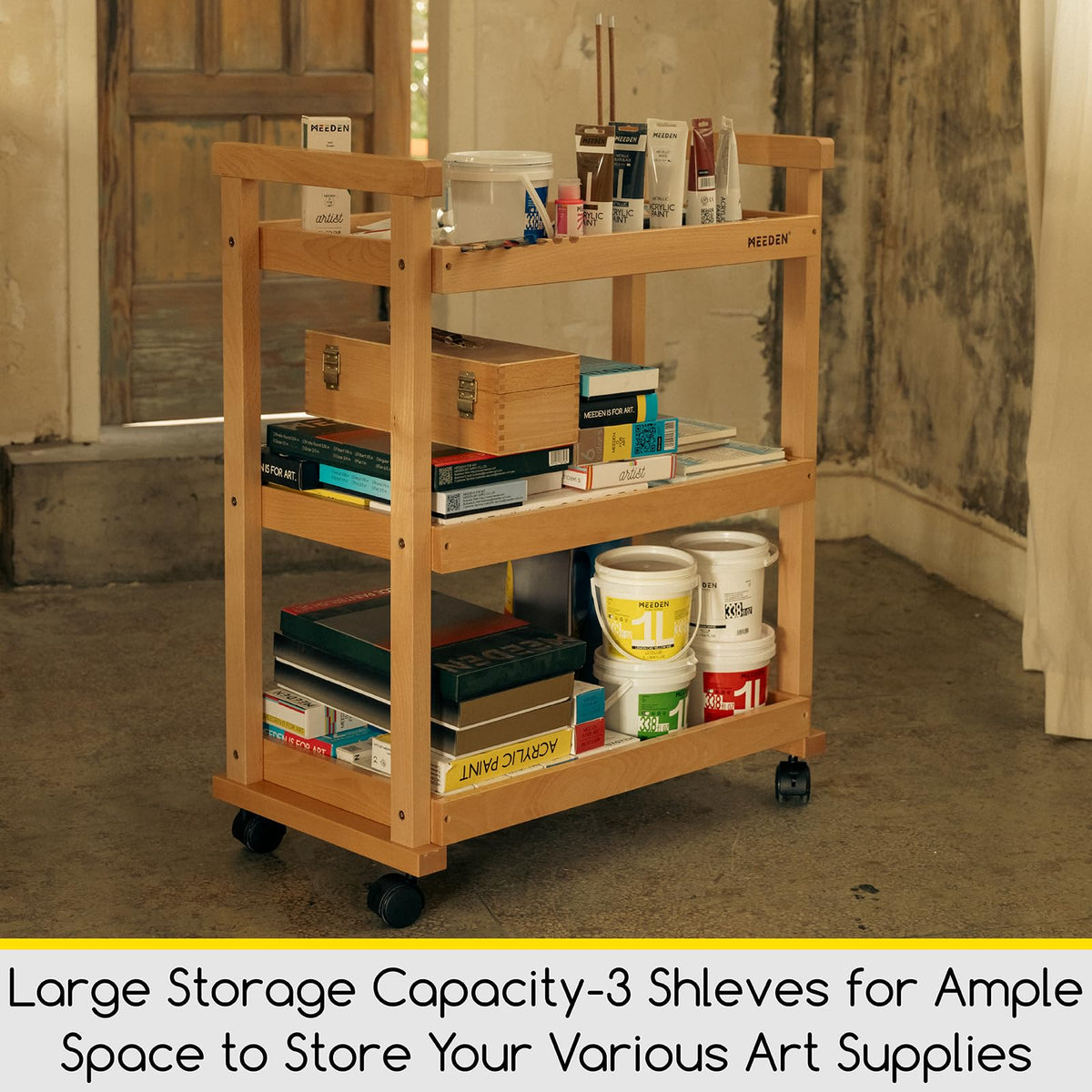 MEEDEN Art Cart Storage Organizer, 3-Tier Rolling Utility Studio Taboret with Caster Wheels, Multifunctional Storage Trolley Shelving Unit on Wheels, Solid Beechwood Art Supplies Studio Cart Classroom