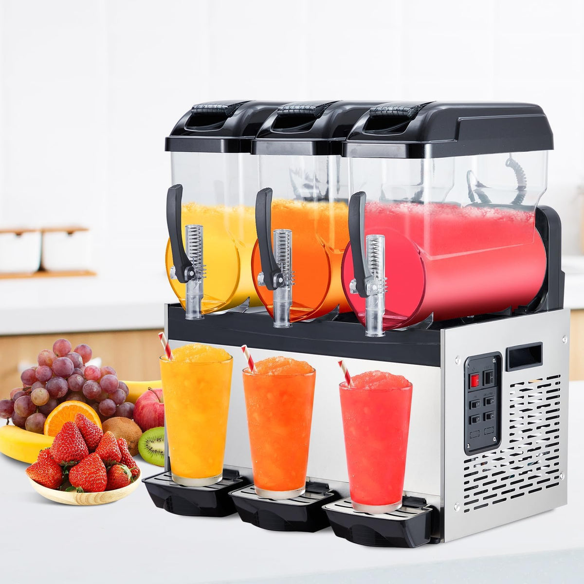 PeacefulHues Commercial Slushy Machine Frozen Drink Machine, Three Tank 12l 860w Stainless Steel, Margarita Wine Slush Smoothies Maker for Restaurant Bar Party