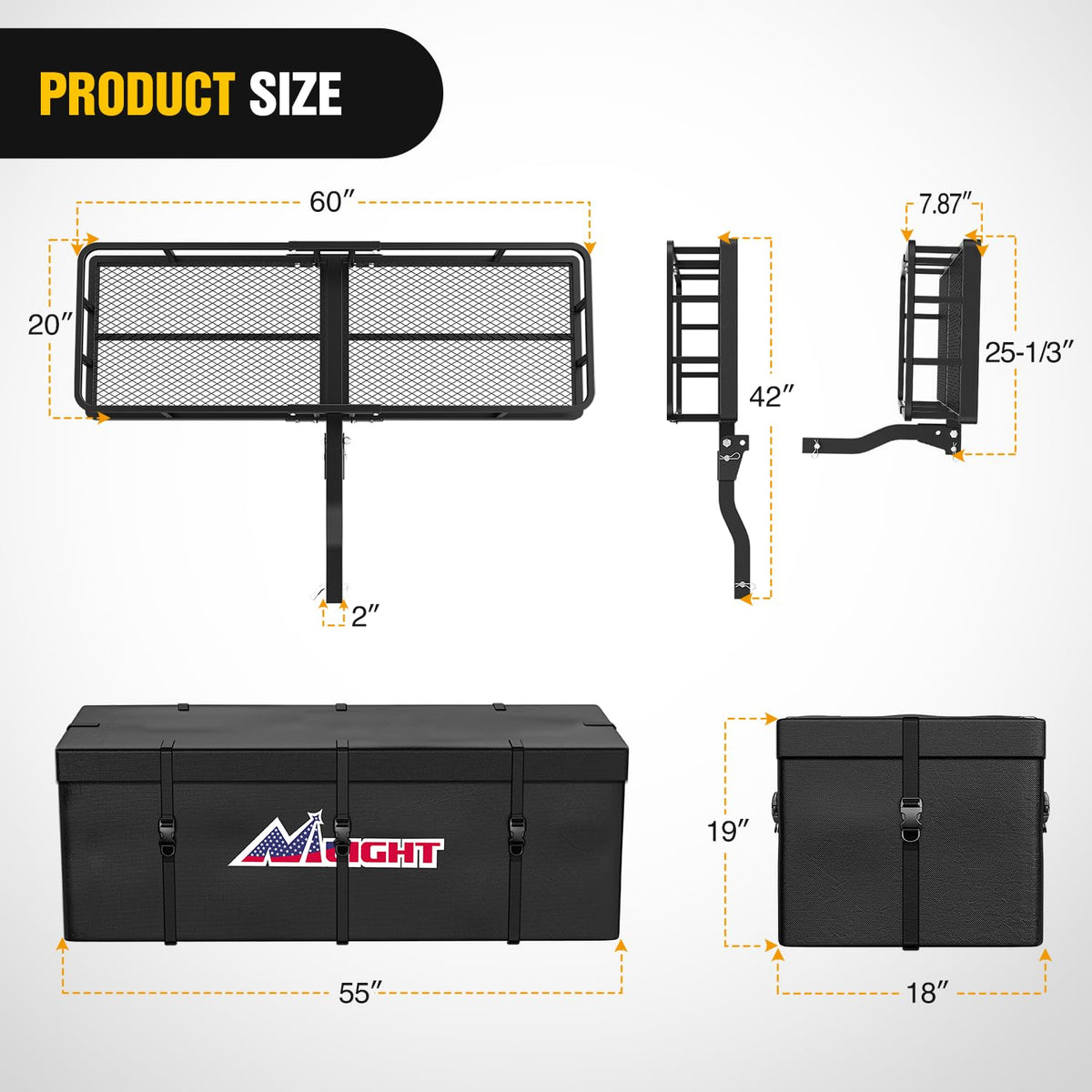 Nilight 60" x 20"x 7.87" Folding Carrier Fits 2-Inch Receiver 500 Lbs Capacity Bag Net Ratchet Straps Lock Stabilizer for SUV Pickup RV Van