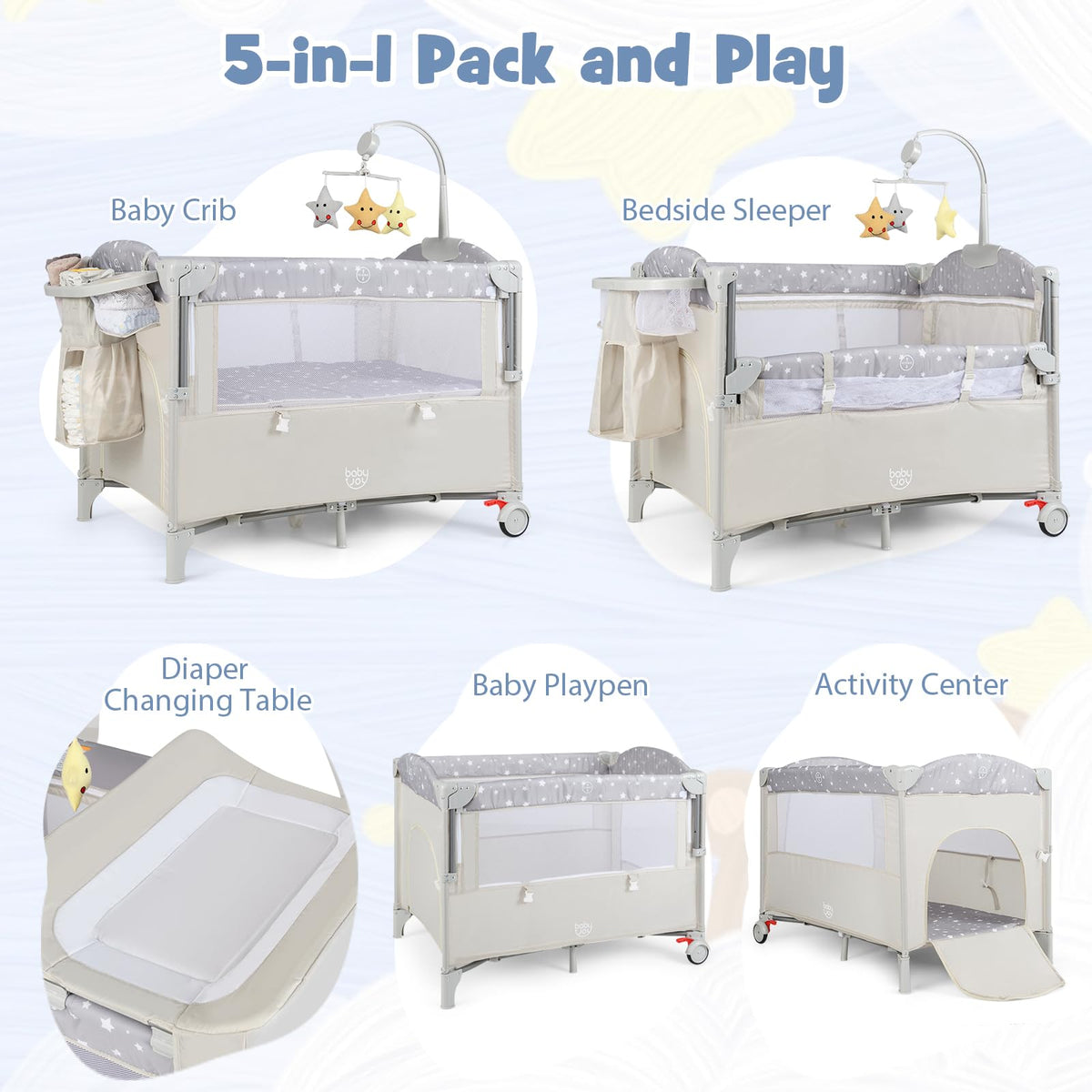 BABY JOY 5-in-1 Pack and Play, Portable Baby Bedside Sleeper with Bassinet, U-Shaped Diaper Changer, Safety Strap, Side Zipper Entrance, Hangings, Bedside Crib Playard from Newborn to Toddlers (Beige)