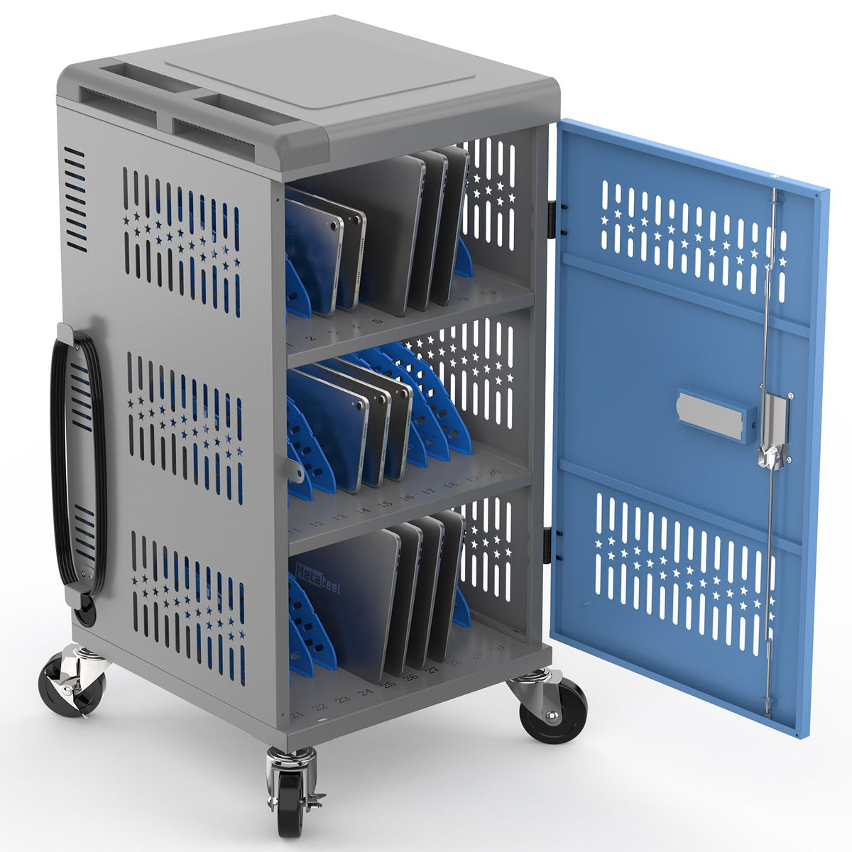 MetaTeel Laptop Cart on Wheels, Fully Assembled 30 Device Charging Cart with Lockable Door, Fits Devices for Laptops, iPads, Chromebooks Up to 14-inch, Ideal for School, Office & Educational Use