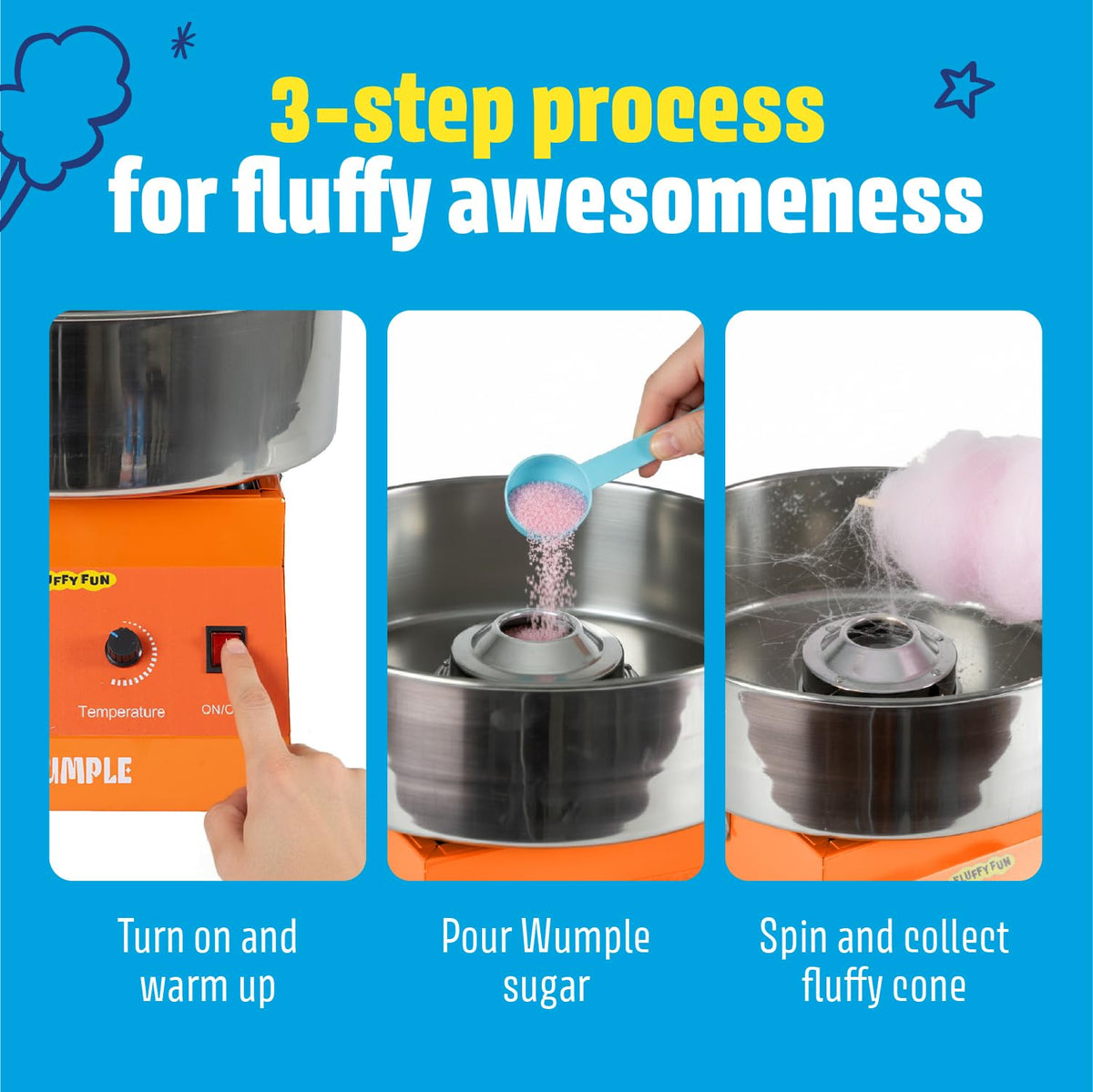 Wumple Cotton Candy Machine - 1000W Commercial-Grade Electric Cotton Candy Maker - 3-Minute Heat-Up - Stainless Steel Bowl - for Parties, Carnivals & Home Use - Orange