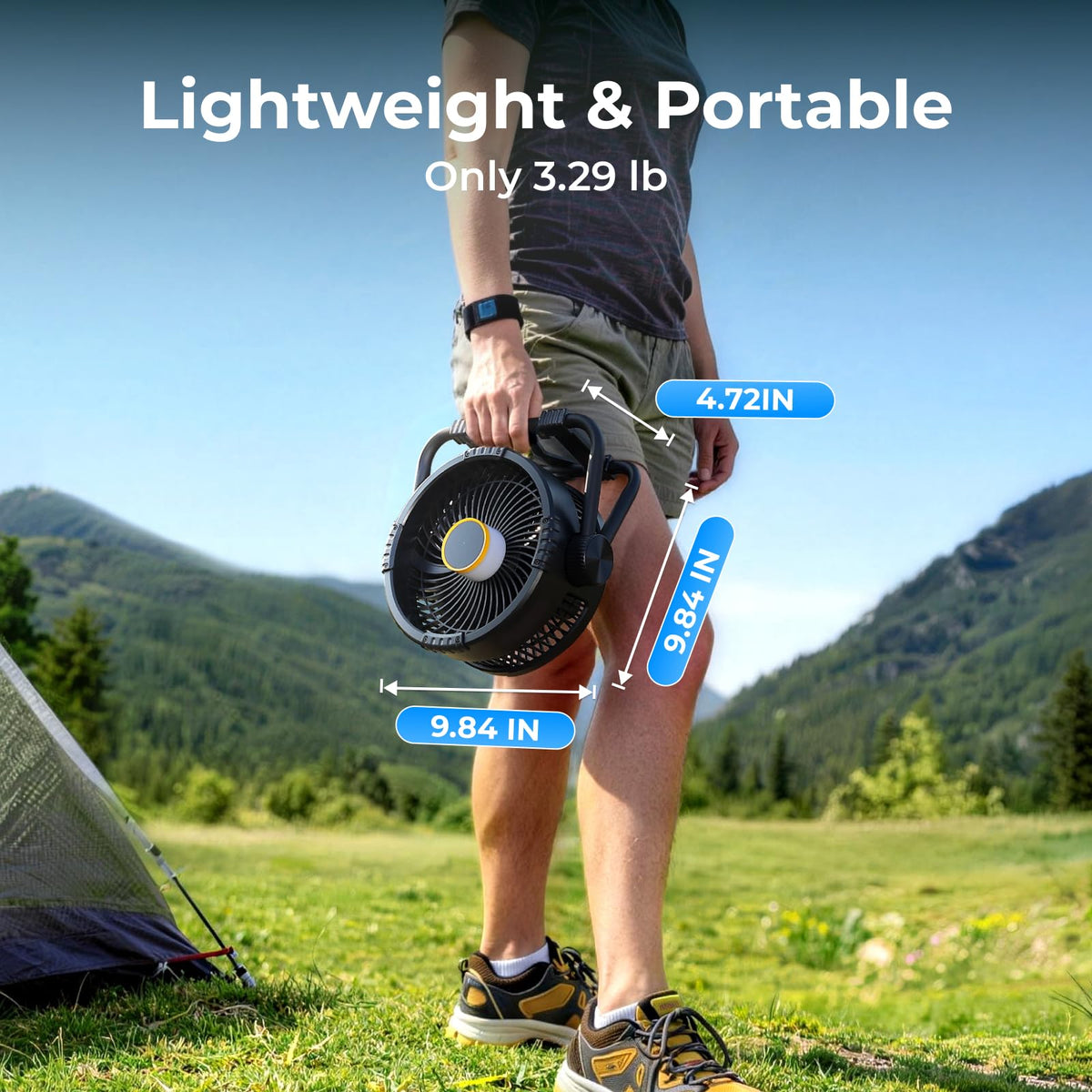 BougeRV Portable Fan Rechargeable, 20000mAh Battery Powered Fans with 4 Wind Speeds Hook Brighter Light LCD Display 270° Rotatable & Upgraded Telescopic Camping Light, 15600mAh Rotatable Electric Lant