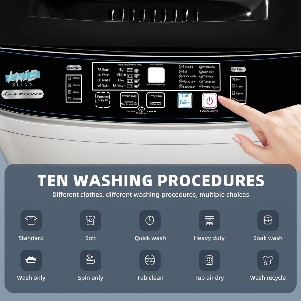BORCOLO Portable Washing Machine, 17.7lbs Full-Automatic Small Washing Machine for Apartment, 10 Wash Programs with Drain Hose Dorm Size Portable Washer for RV, Home, College, Grey