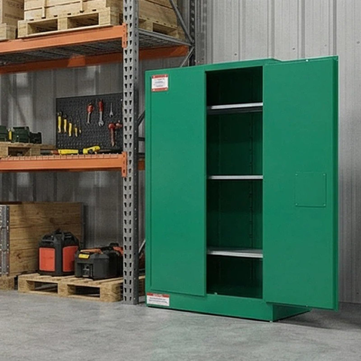 45 Gallon Flammable Safety Cabinet, Industrial Yellow Steel Storage for Flammable Liquids, 2 Adjustable Shelves, Double-Wall Fireproof Cabinet with Manual Close Doors & Vents - Green