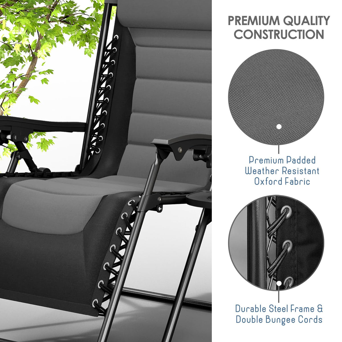 Nestl Outdoor Padded Zero Gravity Chair, Patio Lounge Chair Outdoor Recliner, Oversized Anti Gravity Lounger with Adjustable Headrest and Cup Holder, Foldable for Camping, Yard - Black/Grey