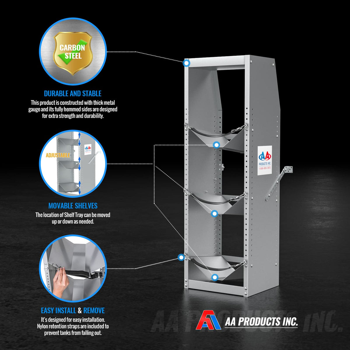 AA Products Inc. TR-3-46 Refrigerant Tank Rack Steel Freon Tank Holder Rack Shelving Storage with Top Shelf for Cargo Van, 46" H x 14.7" W x 13" D