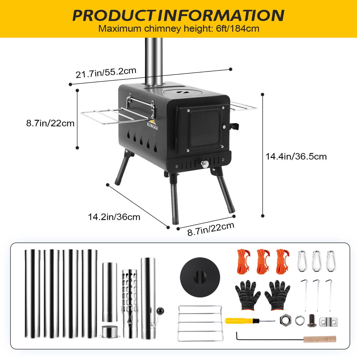 Black Wood Burning Tent Stove, 7 Section & 6 ft height Stainless Steel Chimney with diameter 2.24", Kungka Portable Hot Tent Stove for Heating & Cooking, Camping, Hunting, Ice Fishing