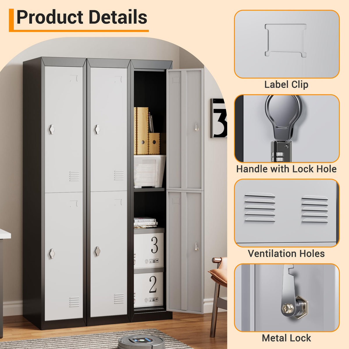 ExploreHorizon 72" Tall Metal Locker Cabinet with Lockable Doors & Keys, Employee Storage Organizer for School, Gym, Office, Home, Garage, Mudroom, Durable Steel Cabinet, Black - 2 Doors