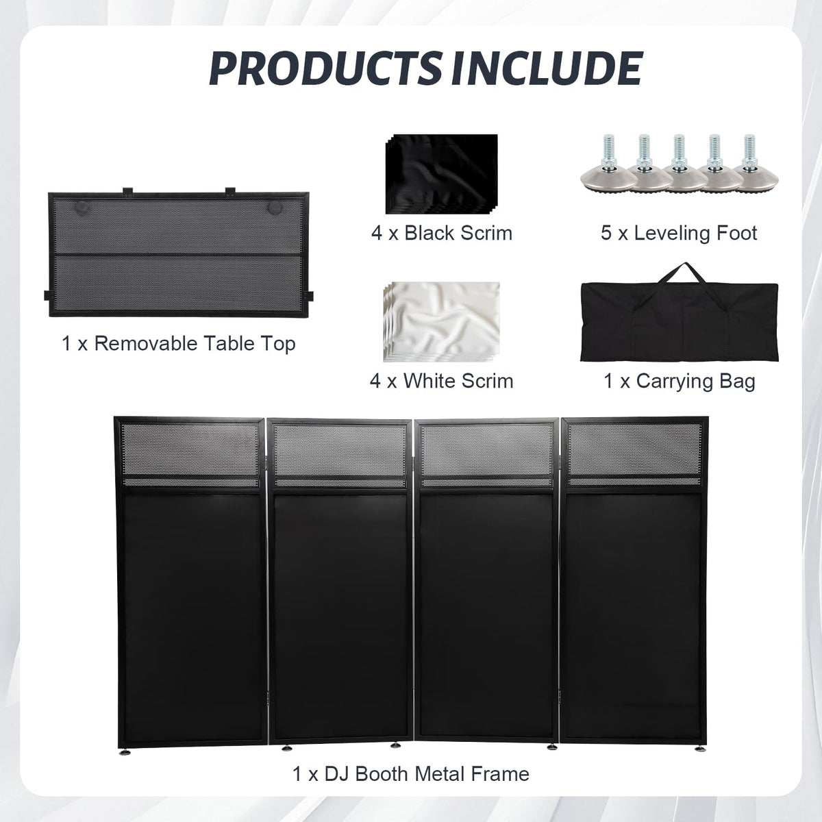 Portable DJ Booth Table Station 44"x42.2"x20.6", Foldable Metal Frame DJ Facade with Black & White Scrims, Detachable 40"x20" DJ Table, Adjustable Height, Carry Bag for Show, Party, Wedding, Events