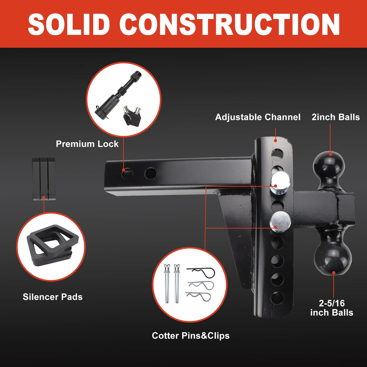 Adjustable Trailer Hitch Fits 2.5 Inch Receiver 6 Inch Drop/Rise, 2 & 2-5/16 Ball Hitches for Trucks, 22000 LBS GTW, Drop Hitch Tow Hitch Trailer Hitches with Anti-Theft Pin Solid Ball Mount