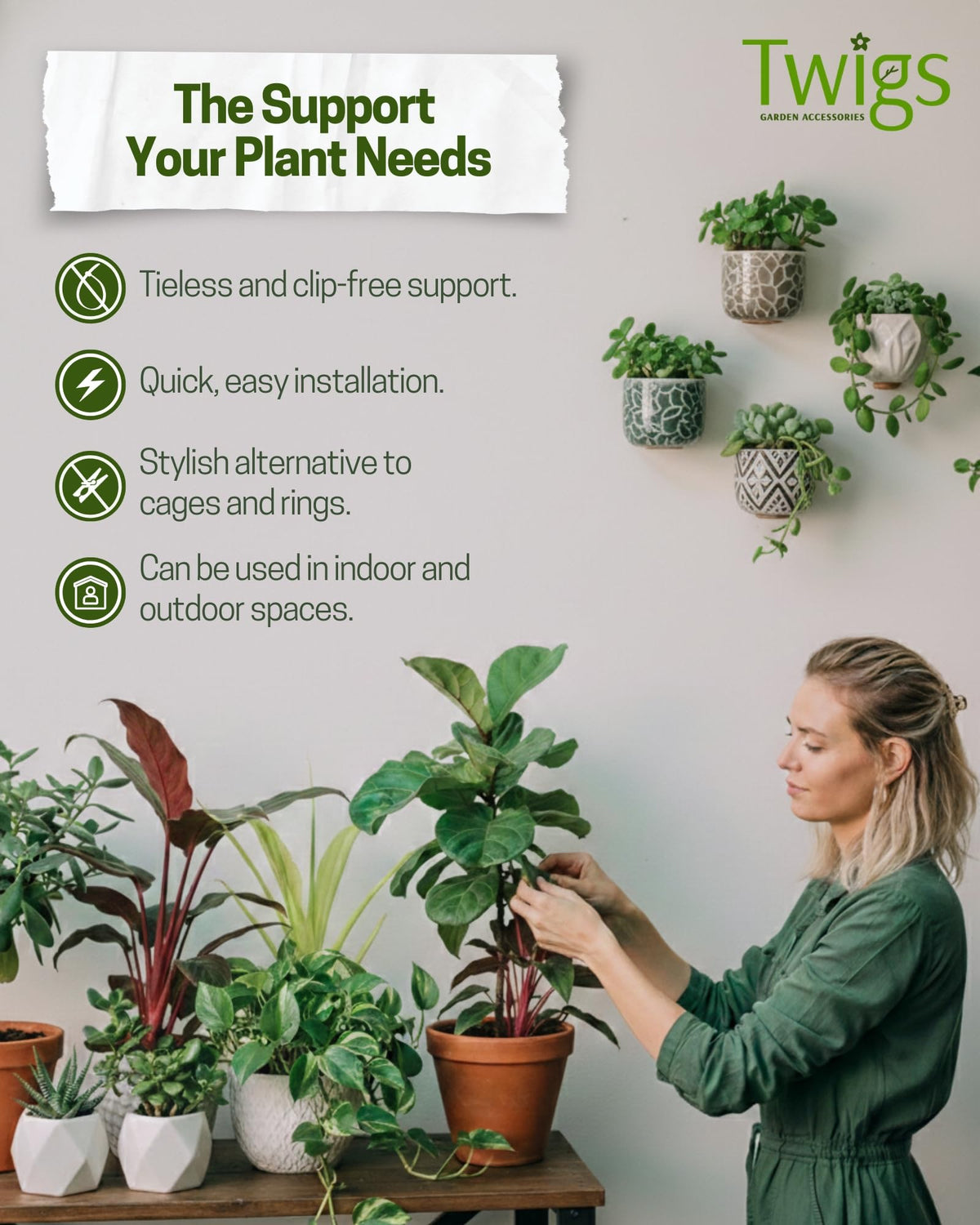 Twigs GA - Mini Twigs Plant Support Stakes for Small Plants, Indoor & Outdoor Use, Gardening Supplies, Garden Accessories, Trellis & Ring Alternative - Monstera (Dark Green), 10 Pack, 12" L