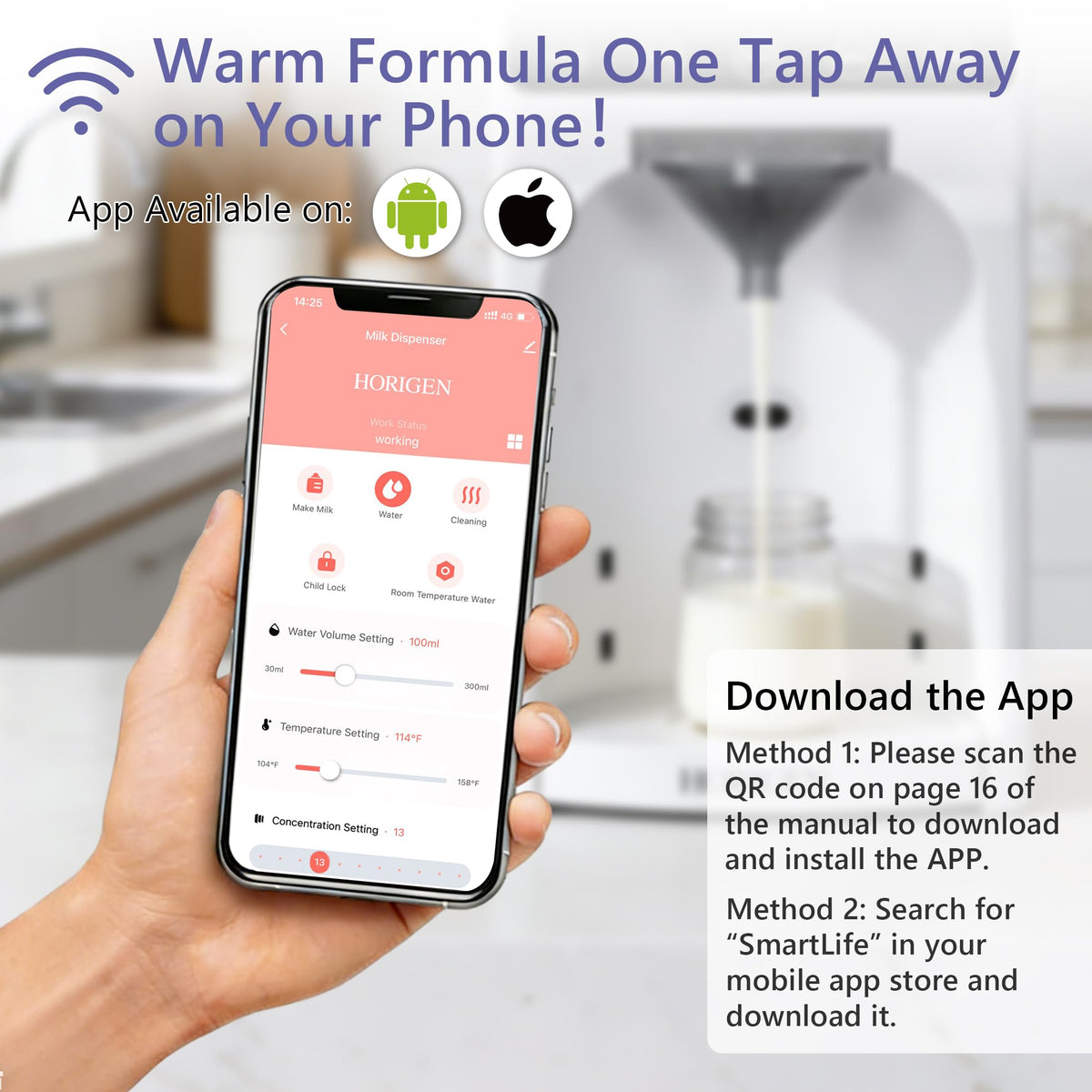 Horigen Smart Baby Formula Maker - Advanced WiFi Bottle Maker Formula Machine with Automatic Mix & Clean, Instant Warm Water, Fast Milk Make with Accurate Dispensing & Temperature Control