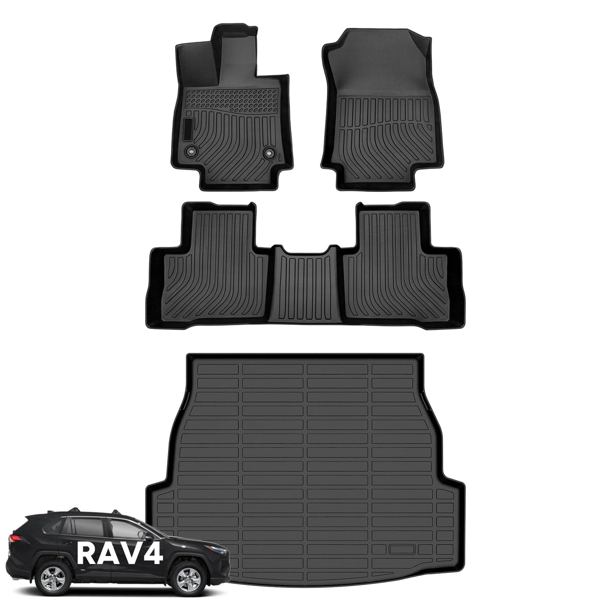 Wayhigh® Floor Mats & Cargo Liner for Toyota RAV4 Hybrid 2019-2024 2025(Only Hybrid) All Weather TPE Car Mats Waterproof Heavy Duty Floor Liners Custom Fit for RAV4 Accessories- Black