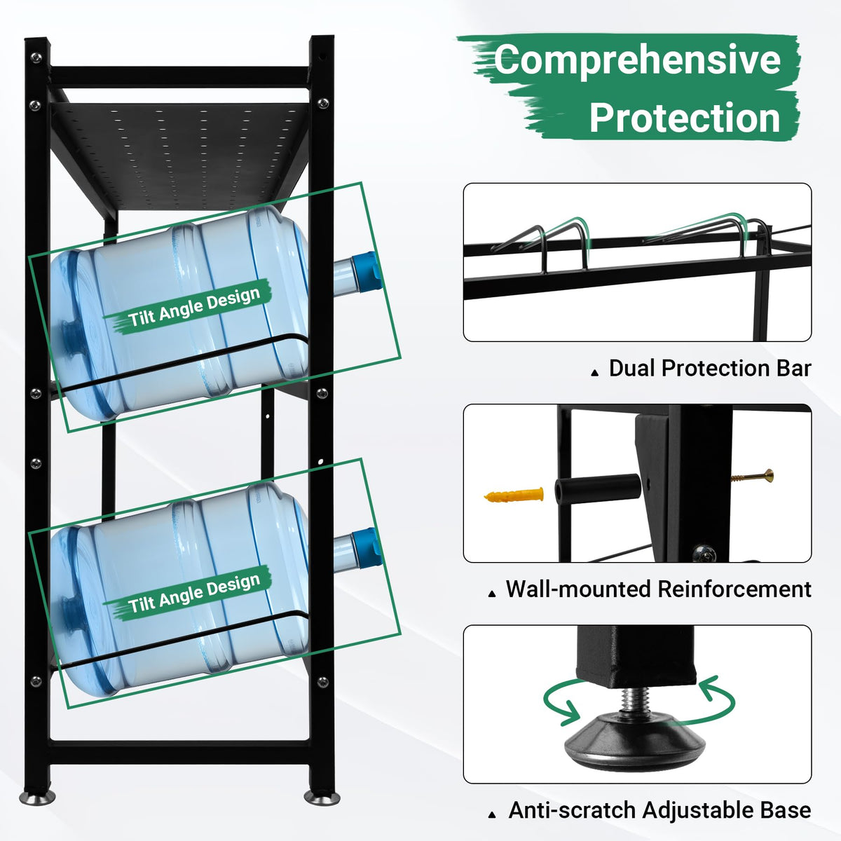 Eastrexon 5 Gallon Water Jug Holder Heavy Duty，3-Tier Water Jug Rack w/Top Shelf, Wall Mount Water Bottle Holder for 8 Bottles, Powder Coated Water Rack Stand for Home, Office, Restaurant, Gym.