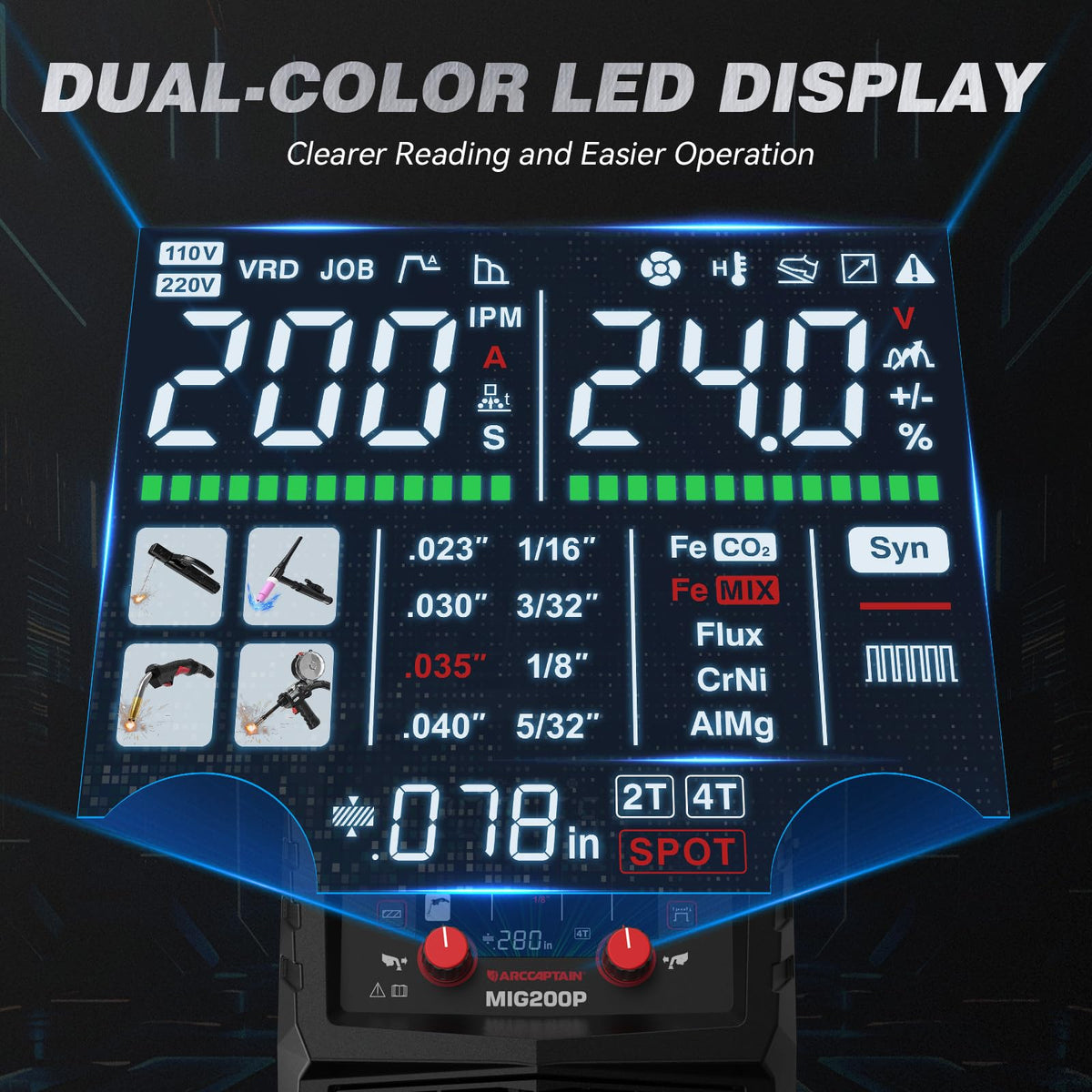 ARCCAPTAIN Pulse MIG Welder, 200A 7 In 1 Pulse MIG/Gas MIG/Flux Core MIG/Stick/Lift TIG/Spot Welding/Spool Gun 110V 220V Aluminum Welding Thin Sheet Metal Welding Machine with LED Digital Display