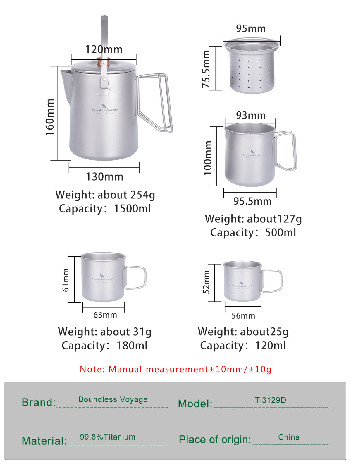 Boundless Voyage Titanium Camping Coffee Pot 1500ml Barista Kettle for Making Coffee, Boiling Water - Outdoor Traveling Campfire Stovetop Fast Brew (Kettle+3 Cups Set)