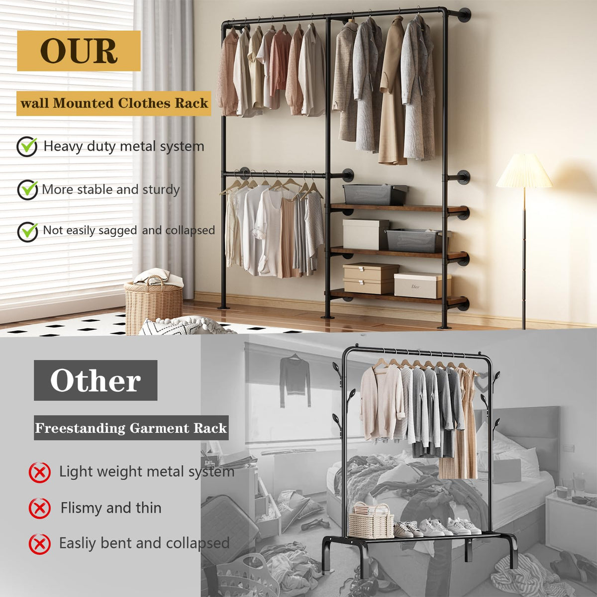 KAILNKISS Industrial Pipe Clothes Rack, Wall Mounted Clothing Rack with Shelves, Heavy Duty Closet Organizers Wardrobe Multi-Purpose Storage Clothes Hanging Shelf-70.8''L Black