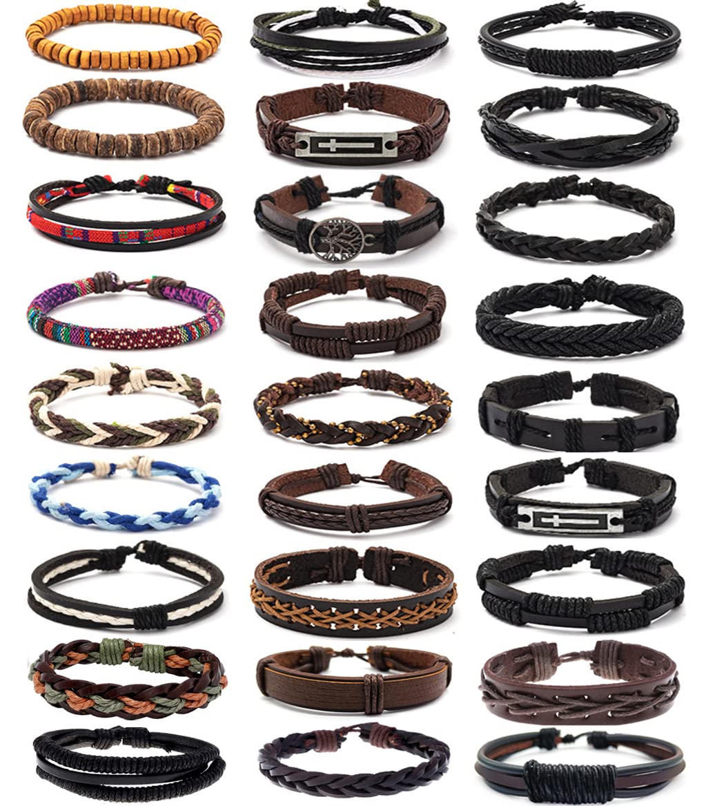 MOZAKA 27Pcs Braided Leather Bracelets for Men Women Ethnic Tribal Bracelets Leather Bracelets Wristband Woven Cuff Wrap Friendship Bracelets Adjustable