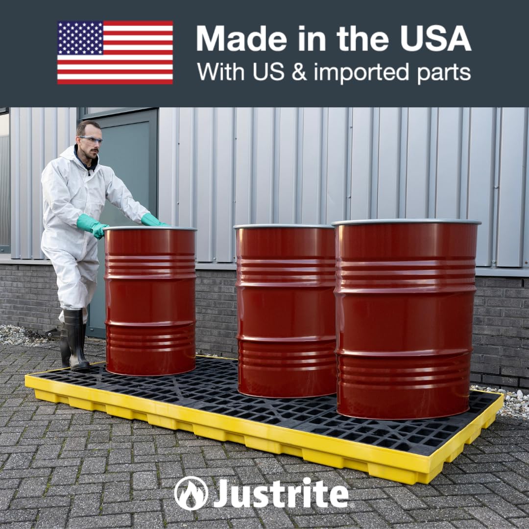 Justrite Low Profile 1 Drum Spill Containment Pallet Accumulation Center - 5.5" Tall - 12 Gal Capacity for 55 Gallon Drum Containment - Made in The USA from 100% Recycled Polyethylene - Black - 28653