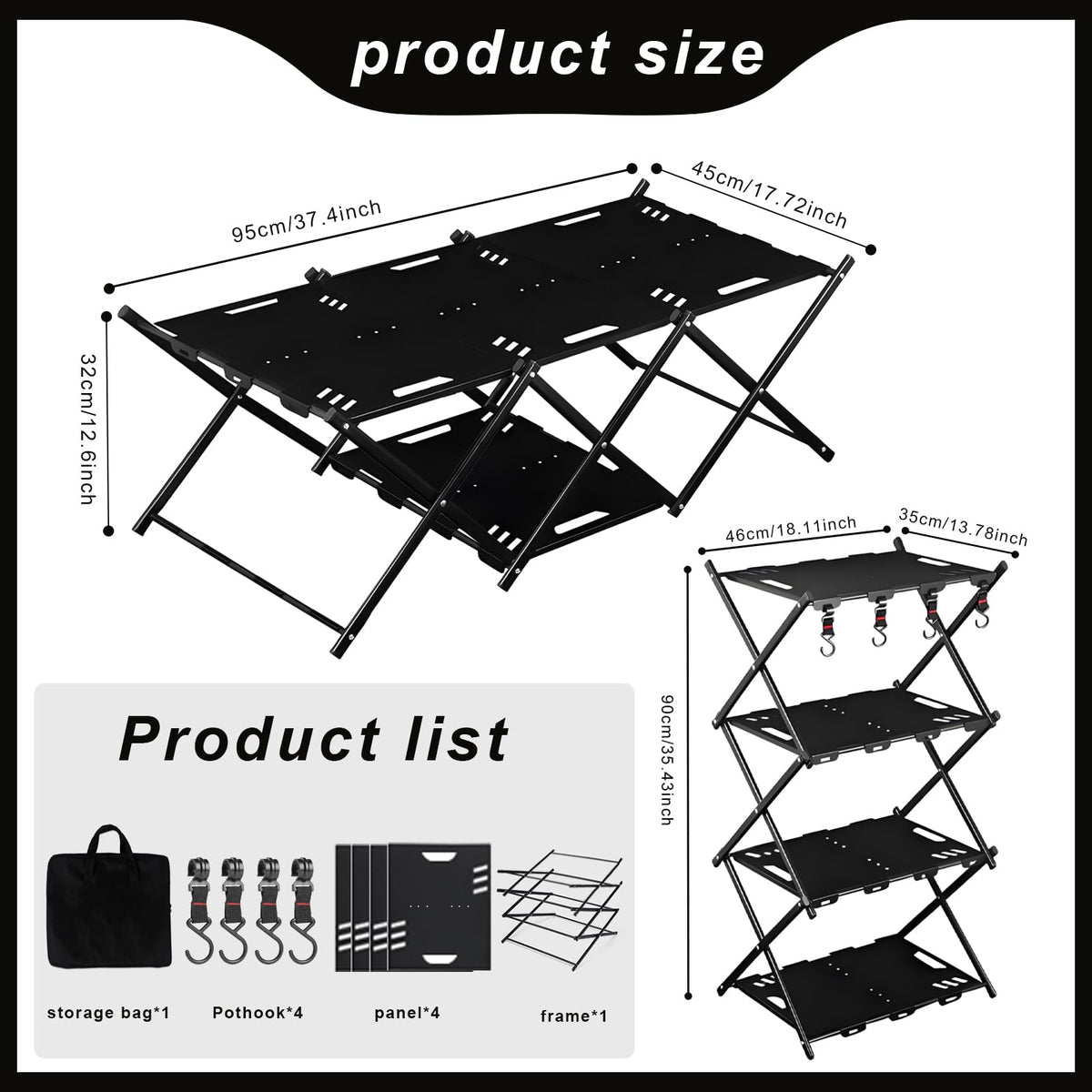 CGLRybO Folding Camping Table Portable Multi-Functional 4-Tier Picnic Rack Carbon Steel 37" with Storage Bag and 4 Hooks Indoor Outdoor, Heavy Duty, Portable, for Picnic, Party, Camping