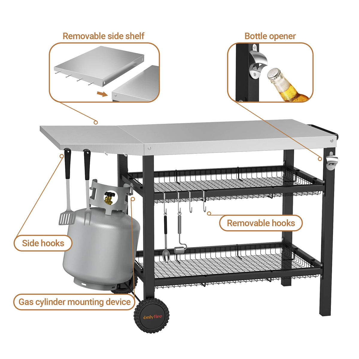 onlyfire Pizza Oven Table Cart for Ooni, Ninja Woodfire, Blackstone Griddle, Cuisinart Pizza Oven, Outdoor Stainless Steel Food Prep Table Movable Food Prep Cart Grill Stand with Storage Basket