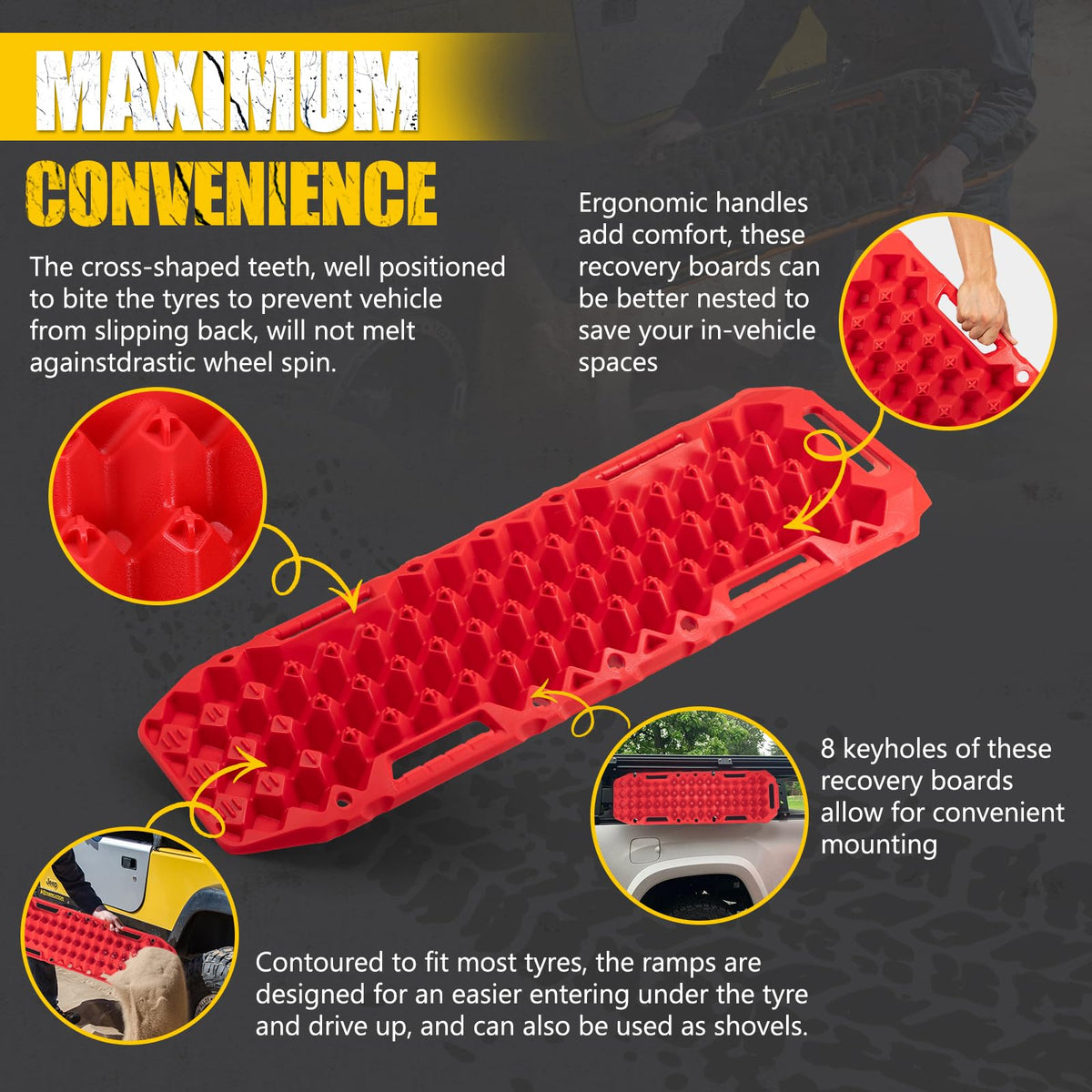 BUNKER INDUST Off-Road Traction Boards with Jack Lift Base,2 Pcs Multifunctional Recovery Track for 4WD UTV SUV Truck-Mud, Snow, Sand Tracks Red Tire Traction Mat with Carry Bag (Gen 9th)