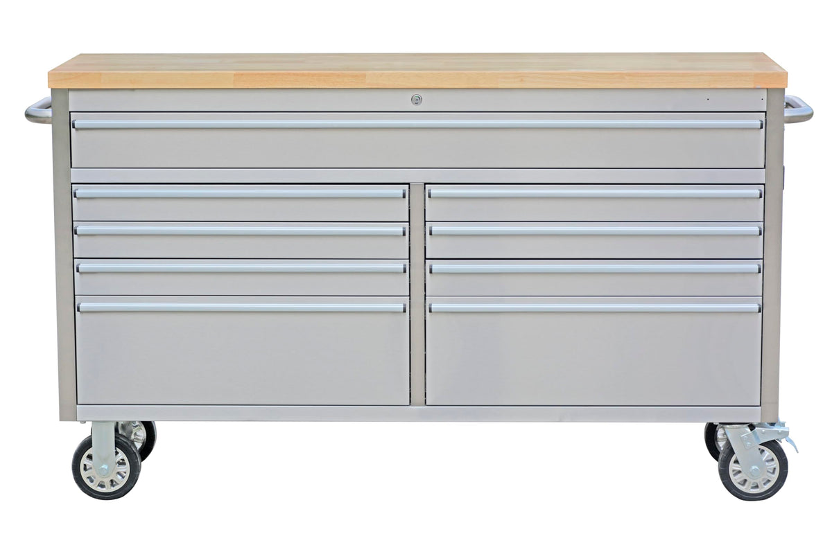 IDEALHOUSE 61 inch Rolling Tool Chest, Garage Workbench with 9 Drawers, Solid Rubber Wood Top & with Wheels Lock Key Locking, Mobile Workstation Tool Cabinet for Workshop Storage