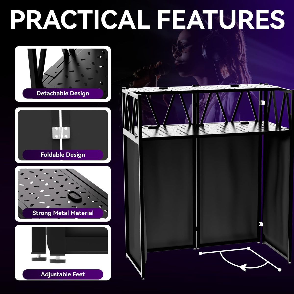RDCMKL DJ Table Stand Portable booth Double Deck, Foldable DJ Stand, Heavy-Duty Adjustable Height DJ Facade Booth, Easy to Assemble, Stylish, Convenient to Store and Transpor