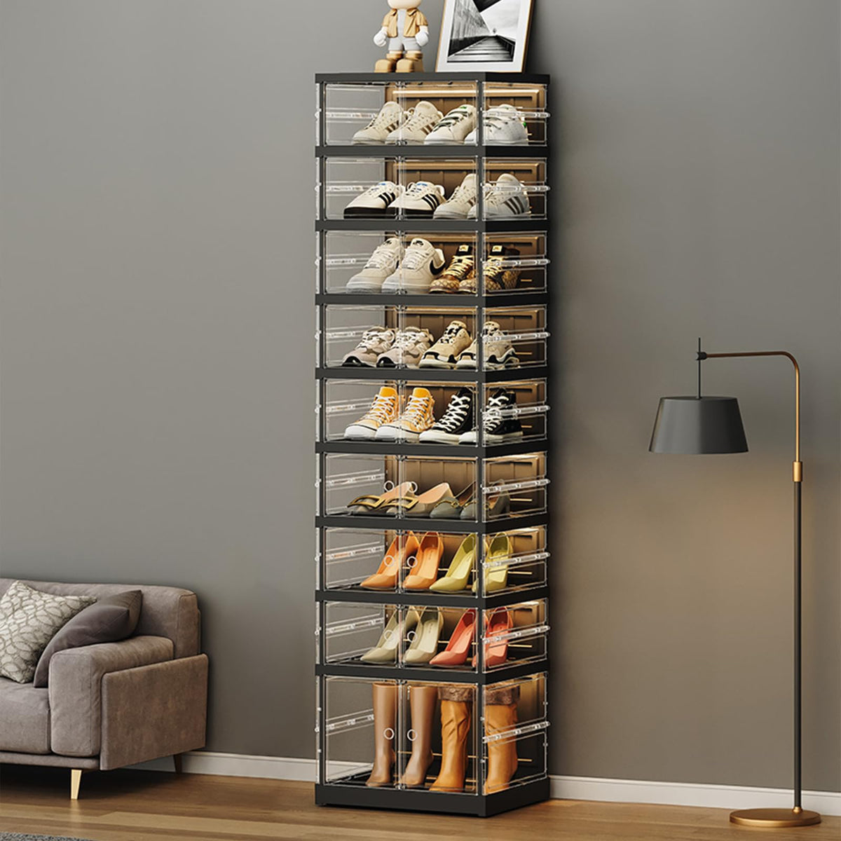 ELPHECO 9 Tier 18 Pairs Foldable Shoe Rack - Clear Shoe Rack Organizer, Folding Entryway Shoe Cabinet, Collapsible Sneaker with Magnetic Doors, Stackable Shoe Shelf,Three-Sided Clear Shoe Box, Black