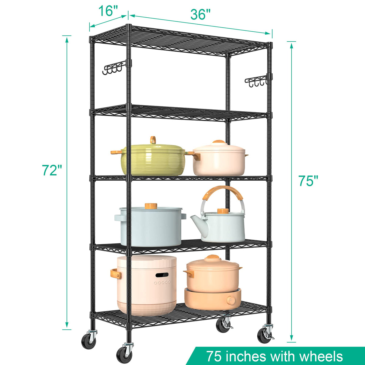 Folews 5 Tier Storage Shelves with Shelf Liner, Metal Shelves for Storage Adjustable Wire Shelving Unit Storage Shelf Organizer for Kitchen Pantry
