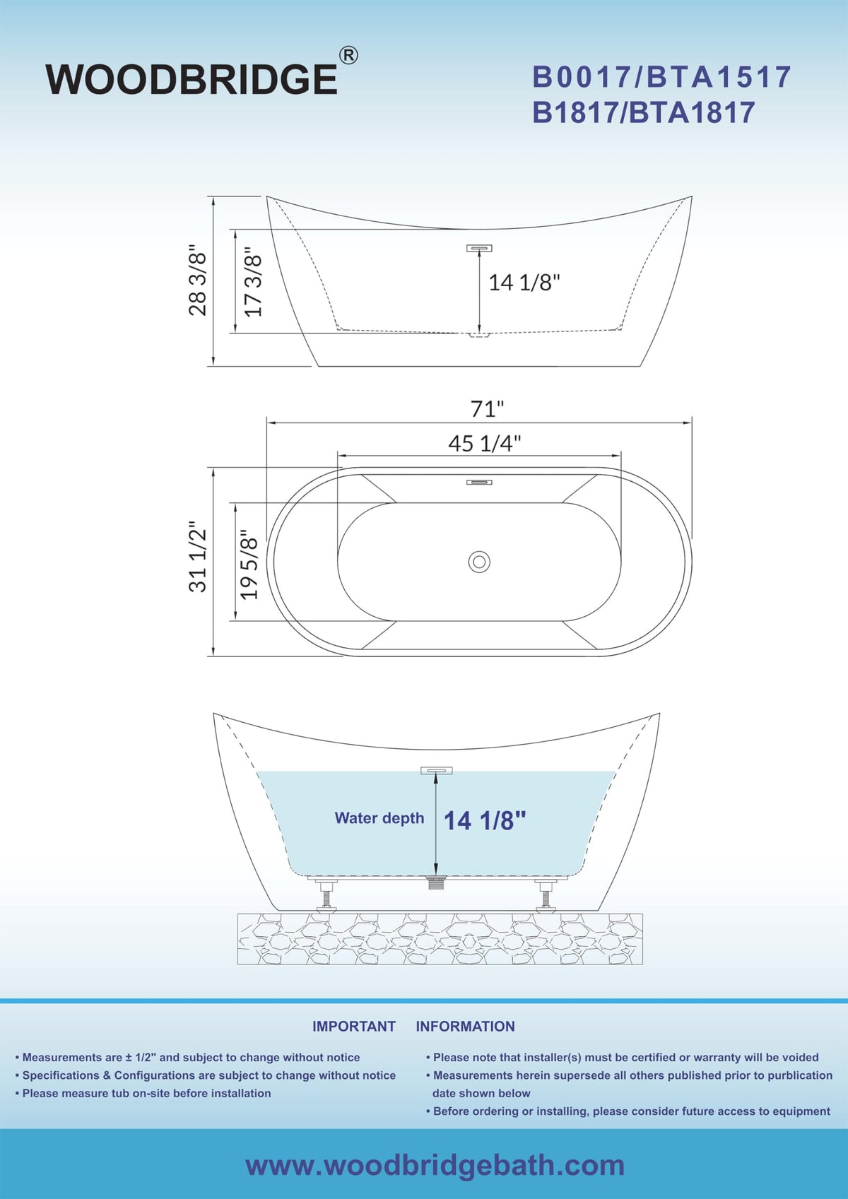 WOODBRIDGE 71"Freestanding White Acylic Soaking Bathtub with Brushed Gold Drain and Overflow,BTA1517 -BG-Drain &O