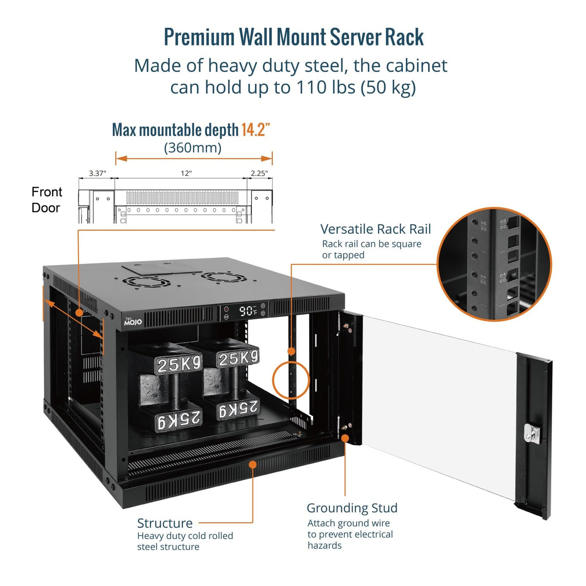 Tecmojo 6U Wall Mount Rack with Thermostat, 17.7inch Depth Enclosed Server Cabinet with 2 Cooling Fans,Lockable Door & Hardware,6U Rack for 19inch Equipments,Glass Door