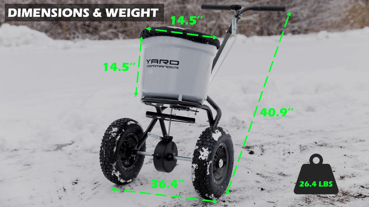 Yard Commander - Commercial 50 LB Walk-Behind Push Broadcast Spreader - 10-12 Foot Spread - Fertilizer, Ice Melt & Grass Seed - Clog Free Design - Fully Enclosed Gear Box - Adjustable Drop Rate