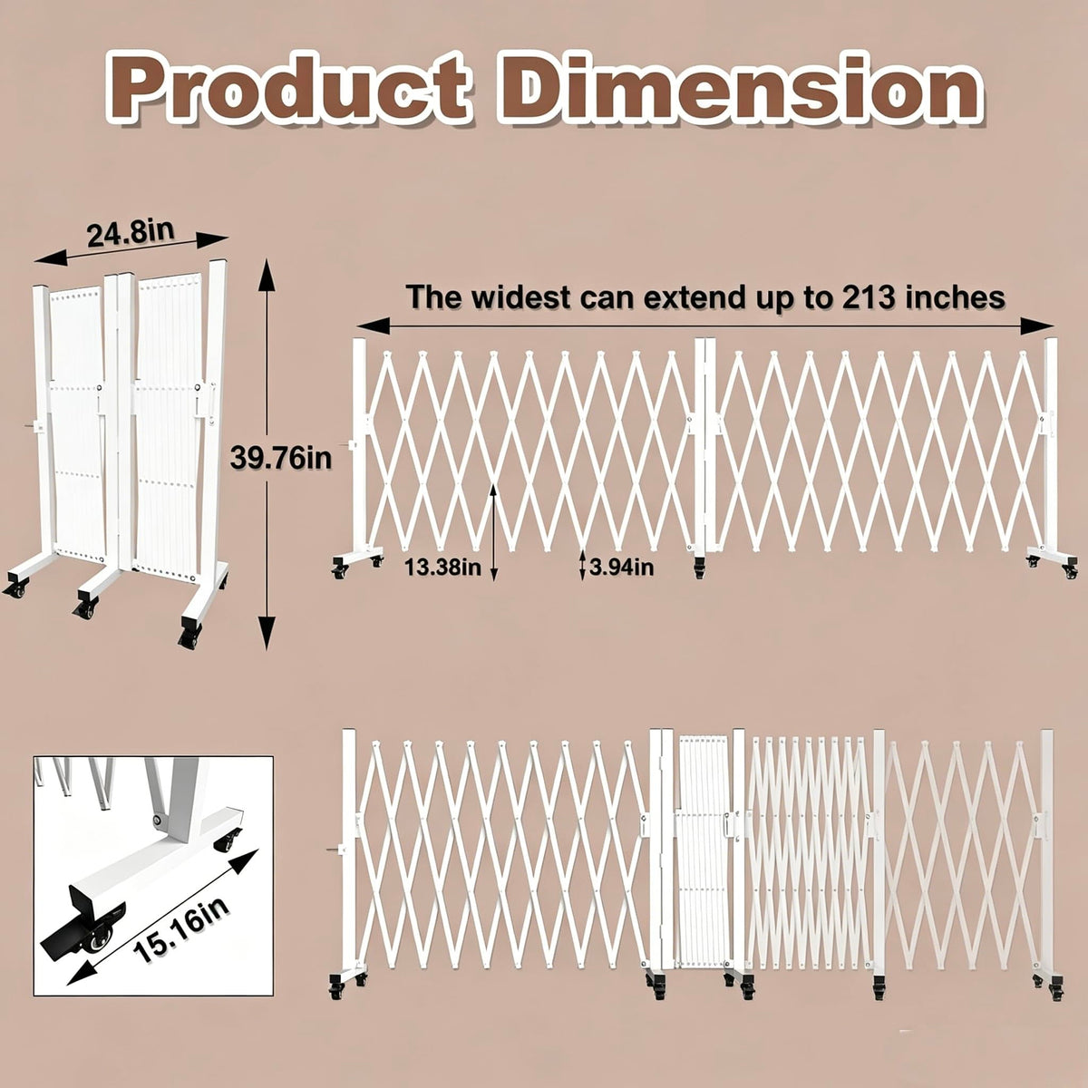 Retractable Outdoor Dog Gate, 207'' Wide Driveway Gate Expandable Portable Fence, Two-Segment 0-180 Degrees Rotatable Design Yard Garden Fence, Metal Safety Barrier Gates (White, 39.76 * 213)